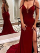 Mermaid V Neck Satin Prom Dresses with Slit