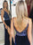 Navy Blue Beadings Sweep Train Prom Dresses