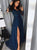 A Line V Neck Long Sleeves Satin Prom Dress with Appliques and Slit LBQ2521