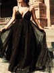 A Line Black Sequins Tulle Prom Dresses