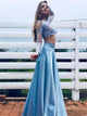 A Line Two Piece Blue Scoop Lace Long Sleeves Satin Prom Dresses