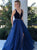 V Neck Slit Royal Blue Sleeveless Tulle Prom Dresses with Sweep Train