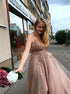 A Line V Neck Beadings Tulle Prom Dresses LBQ0923