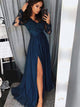 A Line V Neck Long Sleeves Navy Blue Satin Prom Dresses