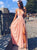 A Line Pink Spaghetti Strap V Neck Prom Dresses with Slit