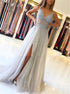A Line V Neck Beadings Slit Chiffon Prom Dress LBQ2224