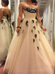Ball Gown Black Appliques Tulle Prom Dresses 
