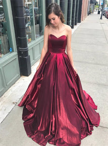 A Line Burgundy Sweetheart Satin Prom Dresses