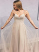 A Line Spaghetti Straps Appliques Tulle Prom Dresses