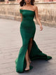 Dark Green Strapless Mermaid Slit Ruffled Satin Long Prom Dress LBQ3186