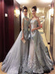 Ball Gown Long Sleeves Grey High Neck Prom Dresses 