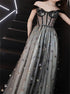 Off Shoulder A Line Black Tulle Prom Dress with Stars LBQ2590