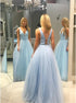 A Line V Neck Tulle Open Back Prom Dresses LBQ2244