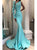 One Shoulder Long Sleeves Mermaid Satin Blue Prom Dresses with Beadings