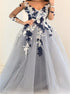 Long Sleeves Appliques A Line V Neck Tulle Prom Dresses LBQ1948