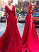 A Line Red V Neck Satin Open Back Appliques Prom Dresses 