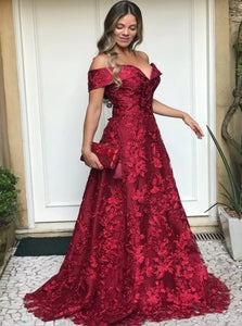 Off the Shoulder Tulle Red Appliques Prom Dresses