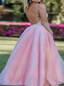 Pink Tulle V Neck Backless Prom Dresses with Silver Beadings