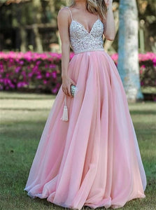A Line Tulle Sleeveless Prom Dresses