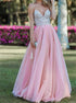Pink Tulle V Neck Backless Prom Dresses with Silver Beadings LBQ1237