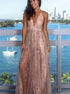 A Line V Neck Pink Split Sequin Prom Dress with Beadings LBQ1591