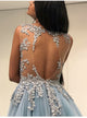 A Line Scoop Open Back Tulle Floor Length Prom Dresses