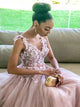 A Line V Neck Appliqued Pink Sleevelesss Prom Dresses with Split