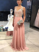 Peach Chiffon Beading Open Back A Line Prom Dresses