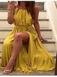 A Line Yellow Slit Halter Floor Length Prom Dresses