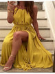 A Line Yellow Slit Halter Floor Length Prom Dresses