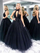Halter Pleats Long Black Prom Dresses with Pleats