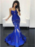 Mermaid Spaghetti Straps Royal Blue Tulle Prom Dress with Applique LBQ2152