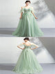 A Line Green Tulle Off the Shoulder Half Sleeves Prom Dresses