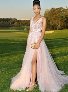 A Line V Neck Appliqued Pink Sweep Train Prom Dressres with Split