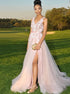 A Line V Neck Appliqued Pink Prom Dress with Split LBQ0634
