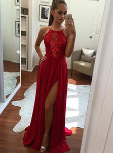 A Line Spaghetti Straps Appliques Red Chiffon Prom Dresses
