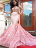 Pink Mermaid Beading Long Sleeves Floral Open Back Prom Dresses LBQ1949