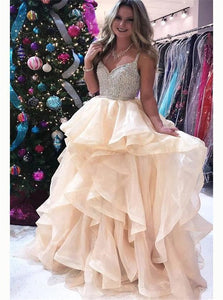 A Line V Neck Beadings Tulle Prom Dresses with Layers 