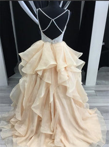 A Line V Neck Beadings Tulle Champagne Prom Dresses with Layers 