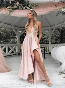 A Line V Neck Pink Satin Asymmetrical Prom Dresses