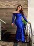 Blue Off the Shoulder Long Sleeves Applique Lace Prom Dress LBQ3142