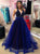Floor Length Navy Blue Sleeveless Prom Dresses