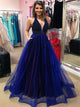 Floor Length Navy Blue Sleeveless Prom Dresses