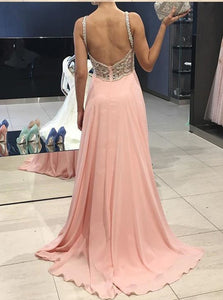 Strap V Neck Sweep Train Peach Pink Prom Dresses