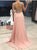 Strap V Neck Sweep Train Peach Pink Prom Dresses