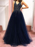 Charming A Line V Neck Navy Blue Tulle Sequin Prom Dresses  LBQ1579