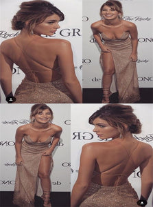 A Line Champagne Sequin Lace Up Prom Dresses with Slit 