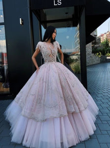 Ball Gown Scoop Beaded Tulle Pleats Prom Dress
