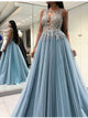 A Line Scoop Open Back  Blue Prom Dresses with Appliques 