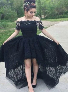 A Line Off the Shoulder Black Lace High Low Prom Dresses